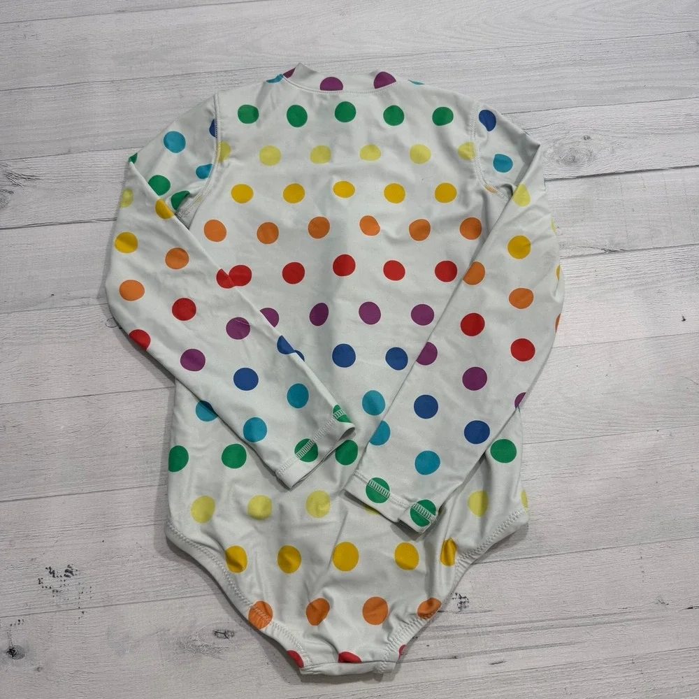 Primary girls one piece rainbow polka dot swimsuit long sleeve rashguard 6/7